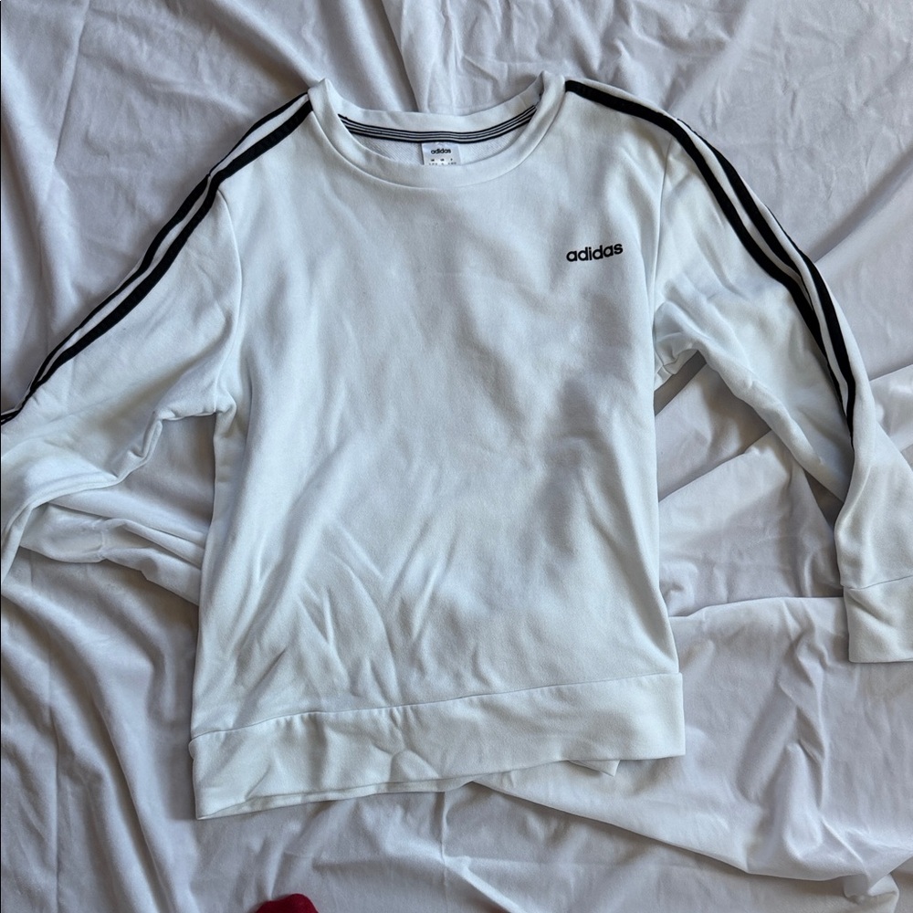 adidas White Crewneck Sweatshirt with Black Shoulder Stripes